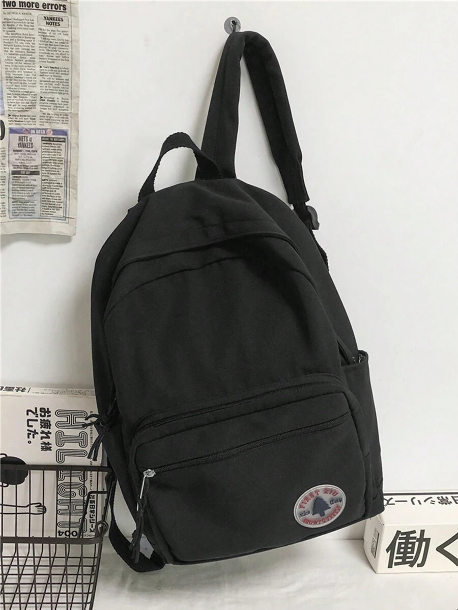 One Solid Color Letter Mark Laptop Bag BagLarge Capacity Multi-Pocket Compartment ZipperHandbag Shoulder Backpack Suitable For Women,Teenagers, Students Daily Commute, Outing, Shopping, Traveling, Class, Training, Returning To School Gift - Black - View 1