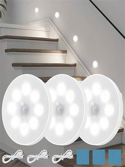 1pc/3pcs/6pcs LED Step Lights With Motion Sensor, USB Rechargeable Night Light, Semi-Flush Mount Sconce For Kitchen, Cabinet, Stairs, Closet, Room (250mAh)