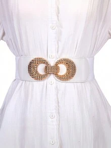 1pc 四季百搭优雅女士金色双环扣弹力腰带装饰性弹力宽腰带，适合腰围90cm以内。春夏可搭配衬衫、连衣裙，秋冬可搭配西装、外套。万圣节 - 金色雙環寬腰封 - 查看 3