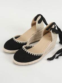 Sandalias de cuña con trenzado para mujer con plataforma impermeable y tacones gruesos, sandalias cerradas con punta redonda para lucir en vacaciones, verano - Negro - Ver 6
