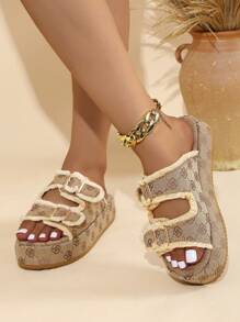 Zapatillas de moda con suela gruesa y punta redonda para mujeres, con flores, punta abierta y altura aumentada - Marrón - Ver 6