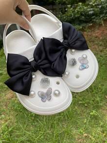 12入組DIY黑色布質花結鞋配件，配有珍珠和可拆卸設計，適用於休閒花園鞋，節日禮品 - 黑色 - 查看 9