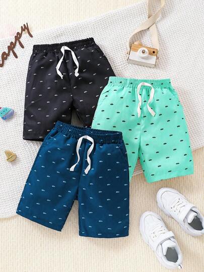 Conjunto de 3 piezas de pantalones cortos informales con estampado de espiga para niños jóvenes, adecuado para actividades al aire libre, escuela, uso diario, ocio, vacaciones y fiestas en verano.