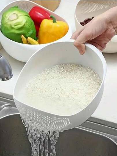 1pc Grain Washing Bowl With Filter, Wheat Straw Grain Washing Basket, Kitchen Tool, Kitchen Supplies, Kitchen Accessories, Household Kitchen Items, Kitchen, Christmas Gift
