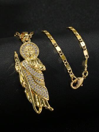 1pc Men's Gold-Colored  Element Jesus & Saint Jude CZ Pendant Necklace, High-End Copper & CZ Pendant