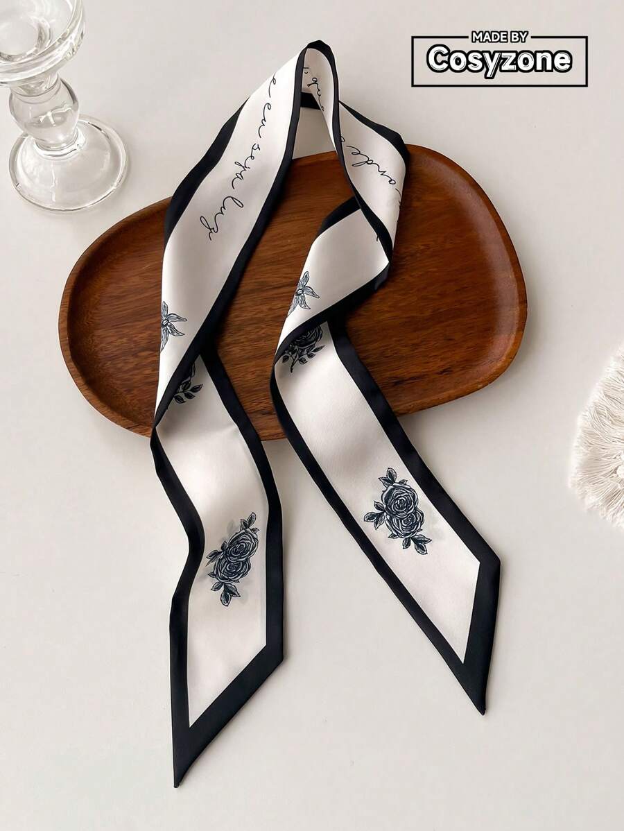 1 bucă eșarfă mică cu imprimare florală simplă, din mătase simulată, cu șarpui în dungi oblice la modă pentru femei, poate fi folosită ca eșarfă de geantă, bandă de păr, accesoriu de păr sau eșarfă decorativă pentru gât. Bandana, bandana pentru par, banda pentru cap Ideala pentru a-ti imbraca look-ul, la scoala de Ziua Indragostitilor - Alb-negru - Vizualizare 1