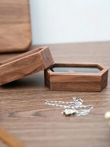CASEGRACE 1pc Square Design Wooden Ring Box, Simple Wood Clear Panel Design Jewelry Box For Home, Valentine's Day Gift Storage Box For Girl Women Sun Travel Cool