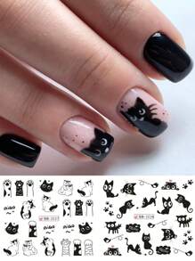 12款美甲贴纸设计，可爱猫咪黑色卡通狗动物图案美甲贴片，水转印美甲贴花，春夏美甲装饰