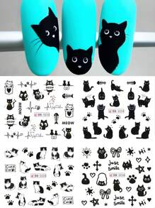 12款美甲贴纸设计，可爱猫咪黑色卡通狗动物图案美甲贴片，水转印美甲贴花，春夏美甲装饰
