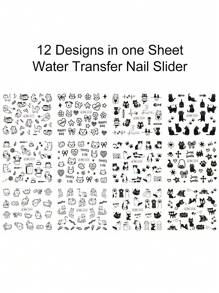 12款美甲贴纸设计，可爱猫咪黑色卡通狗动物图案美甲贴片，水转印美甲贴花，春夏美甲装饰