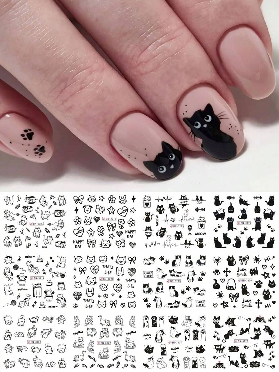 12款美甲贴纸设计，可爱猫咪黑色卡通狗动物图案美甲贴片，水转印美甲贴花，春夏美甲装饰