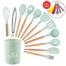 Kitchen Cooking Utensils Set, 12pcs Non-Stick Silicone Spatula Set With Holder, Woodle Handle Heat Resistant Gadgets Utensil(Green) - Mint Green - View 1