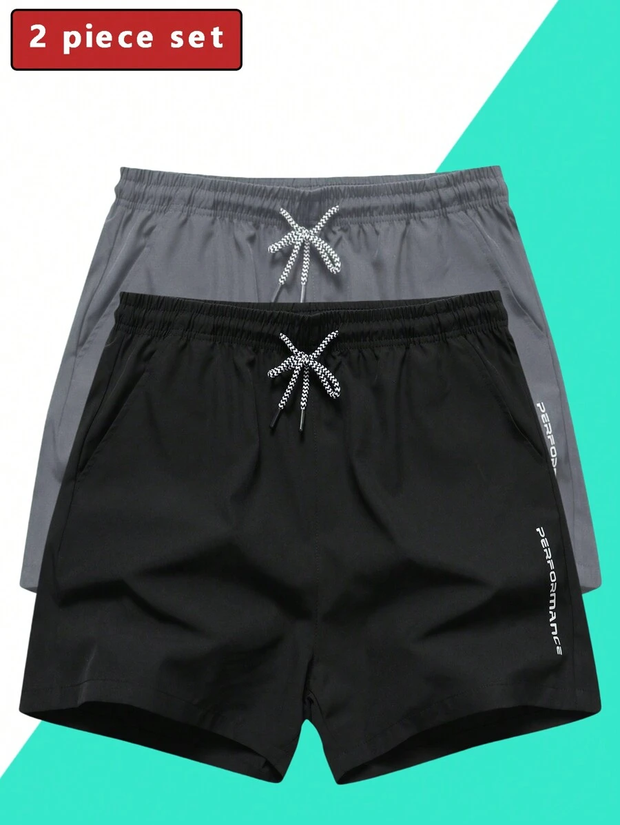 2 piezas Pantalones cortos deportivos transpirables con cordón para hombre, con bolsillos impresos, adecuados para uso casual