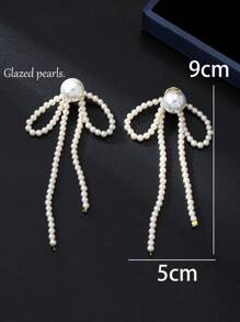 1 Pair 18K Gold Plated, Fashion, Versatile, Daily-Wear Earrings With Glass Pearl, Tassel And Bow Design, Elegant Earrings For Women, Suitable For Banquet/Gift For Mother's Day - White - View 5