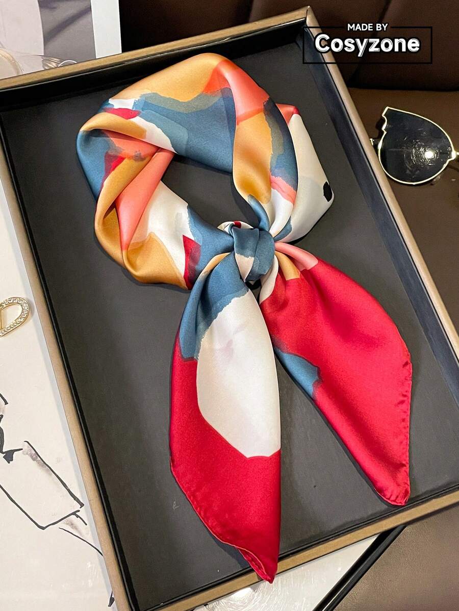 1 pieza Pañuelo de cuello impreso de seda sintética, pañuelo de moda y multiusos para mujer, esencial para primavera/verano - Multicolor - Ver 1