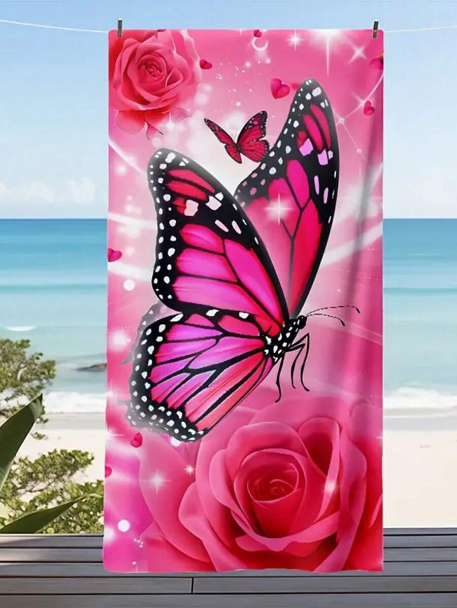 1 件 - 大号超细纤维沙滩毯，带红色蝴蝶图案，便携、柔软、多功能沙滩巾，男女皆宜