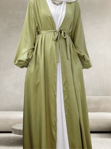 1set Women's Satin Plain Color Elegant Long Robe With Waist Belt, Suitable For Daily Gatherings (Abaya) - Multicolor - View 9