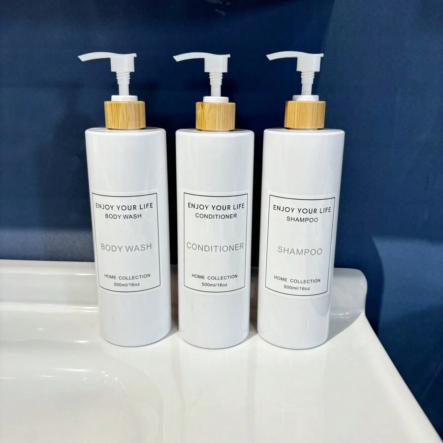3 cái 500ml/16oz Máy phân phối kem dưỡng da vai phẳng màu trắng, bao gồm đầu bơm bằng tre tự nhiên, chai rỗng bằng nhựa để đựng sữa tắm, dầu gội, bộ dầu xả, có nhãn dán chống nước, chai có thể đổ lại cho sữa dưỡng thể, kem dưỡng da tay, dầu massage, phụ kiện phòng tắm, du lịch Bộ dụng cụ. - Chai trắng + Đầu bơm trắng - Xem 1
