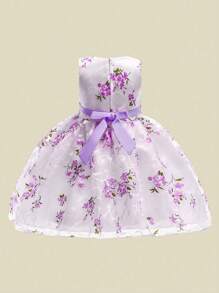 Young Girls Sleeveless Round Neck Floral Print Tulle Puff Dress, Elegant, Without Headband - 淡紫色 - 查看 2