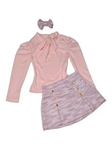 Conjunto Infantil Inverno Menina Social blusa Manga Longa gola laço saia em tweed Festa - Rosê - Visão 8