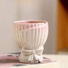 1pc Handcrafted Ceramic Succulent Pots With Bowknot Design - Charming Ice-Cracked Finish, Perfect For Small Plants - Multicolor - View 4