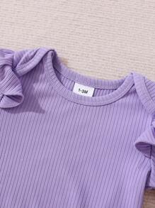 Baby Girl Purple Ribbed Flare Sleeve Bodysuit With Butterfly Patterned Long Pants Four Piece Set, Fall/Winter - Purple - View 5