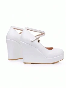 10cm White Round Toe Platform Ankle Strap Wedge Pumps High Heels, Fashionable Elegant Princess Wedding Bridal Shoes