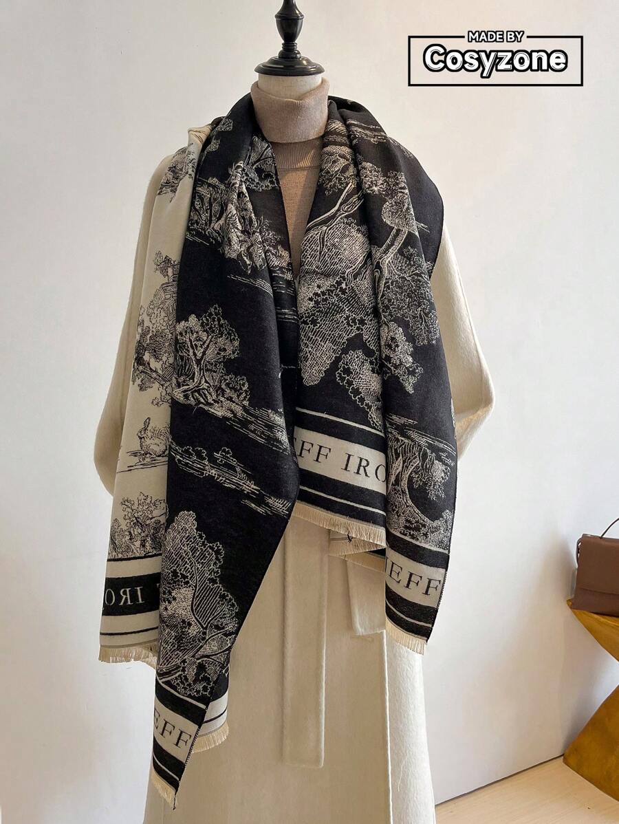 1pc Ladies' Double-Sided Faux Cashmere Black & White Floral Jacquard Warm Scarf Shawl, Suitable For Everyday Use In Autumn And Winter Elegant