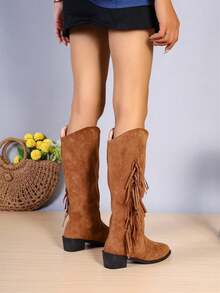 Western Style Cowboy Boots With Fringe Tassel Design, V-Cut Opening, Knight Knee-High  Boots - Brown - View 7