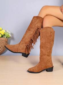 Western Style Cowboy Boots With Fringe Tassel Design, V-Cut Opening, Knight Knee-High  Boots - Brown - View 3