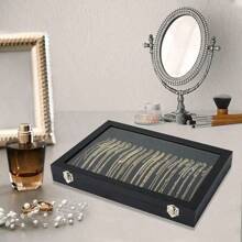 Cutie de bijuterii colier cu capac transparent - tavă din catifea pentru depozitarea și afișarea bijuterii, 20 cârlige sertar din sticlă cu inserție pentru colier pandantiv rezistent la praf colier cutie de bijuterii și tavă (gri), boabe din lemn pot ține 10 coliere de perle