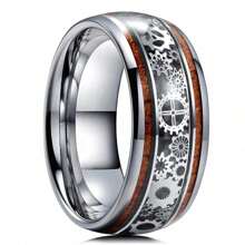 1pc Fashion 10mm Silver Color Steampunk Gear Wheel Stainless Steel Rings Inlay Koa Wood Rings For Men High Polished Hiphop Punk Rock Biker Party Jewelry Gift - Silver - View 2