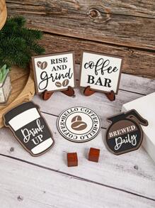 Mini Wooden Coffee Bar Sign Farmhouse Cafe Simple Decoration Retro Coffee Wood Panel Layered Tray Ornament Set Of 1 - Multicolor - View 4