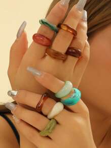 10pcs Vacation Style Resin Imitation Gemstone Asymmetrical Ring Set, Suitable For Women's Daily Wear During Holidays - Nhiều màu - Xem 1