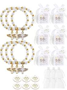 Juegos de 6/12/24 regalos de bautizo, que incluyen 6/12/24 piezas de pulseras con cruz de ángel, 6/12/24 piezas de cajas de regalo de bautizo, 6/12/24 piezas de etiquetas de agradecimiento, 6/12 piezas de bolsas de organza para el bautizo, regalos de bautizo para mujeres y hombres, regalos de fiesta de bodas