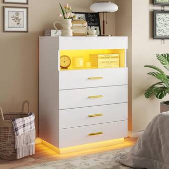 4 Drawer Dresser With LED Lights, Chest Of Drawer For Bedroom, White