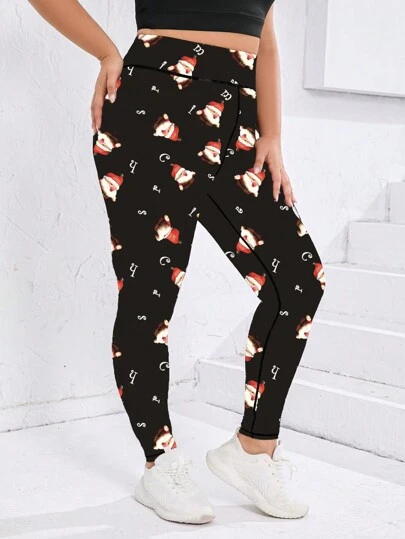 Plus Size Printed Yoga Leggings, Black Skinny Riding