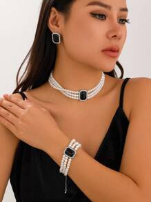 4入組華麗時尚多層珍珠串珠項鏈套裝，配珍珠手鐲、寶石耳環，優雅迷人的女性婚禮、節日禮物珠寶套裝 - 白色 - 查看 2