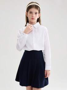 SOLOCOTE Camisa blanca formal de unicolor con bolsillo en el pecho para niñas preadolescentes