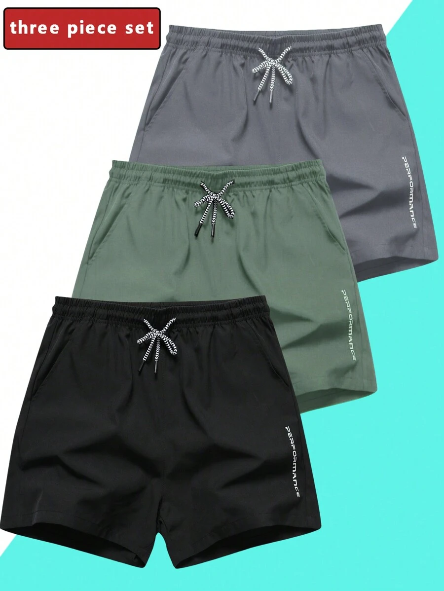 3 piezas Pantalones cortos de verano para hombres, pantalones cortos de entrenamiento 3/4 con cordón y bolsillos, con estampado de letra reflectante, pantalones casuales - Negro - Ver 1