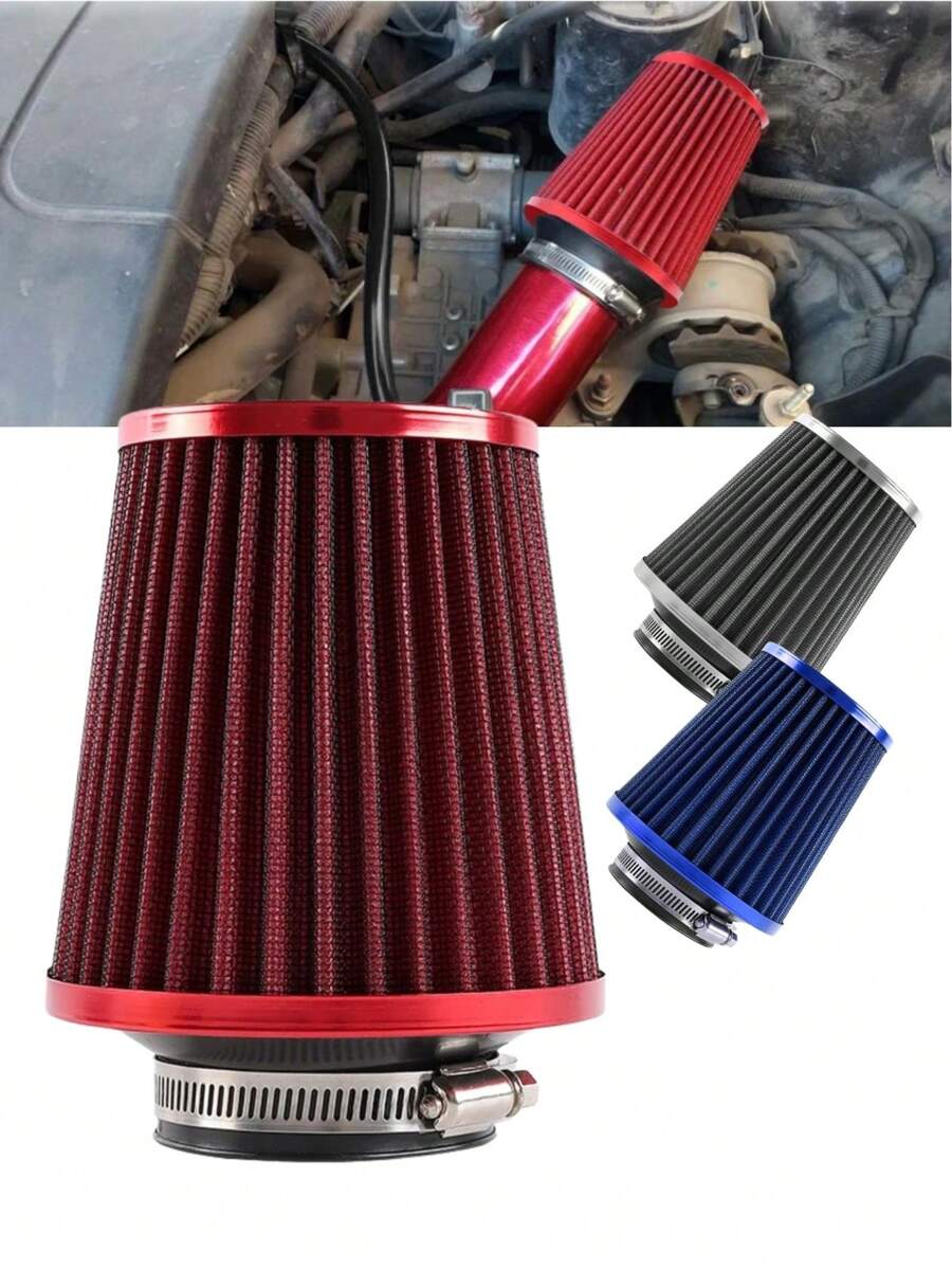 Filtro de aire cónico entrada de aire frio de alto flujo 2 pulgadas 50mm tela de aluminio a prueba de oxido para coche - Rojo - Ver 1