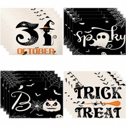 1/4/6 Stücke rechteckige Tischsets aus Polyester mit aufgedrucktem Kürbis Motiv "Trick or Treat", 4 Stücke Set mit Motiven von Gespenst, Fledermaus und schwarzer Katze als Einweihungsgeschenk; staubdichte und abwischbare Untersetzer für Haus-Party Deko, Tischset, Festparty Tischdekoration, Halloween Deko, Heim Deko Halloween Party
