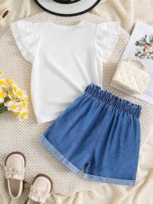Conjunto de camiseta de manga corta con estampado de dibujos animados y pantalones cortos de mezclilla para niñas, primavera/verano, talla L - Blanco - Ver 2