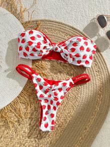 Bikinx 草莓印花抹胸扭纹女士比基尼套装侧腰绳镂空比基尼适合海滩度假夏季