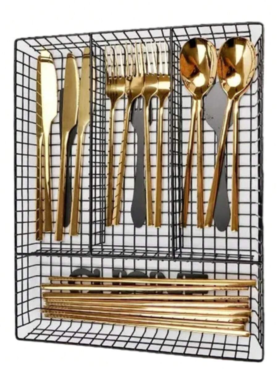 Organizador De Cubiertos Dorado Bandeja Soporte Almacenamiento Cajon Cocina Utensilios Hogar Diseño Elegante - Negro - Ver 1