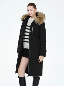 Black Hooded Fluffy Splicing Coat With Pockets And Long Sleeves For Winter - Black - View 4