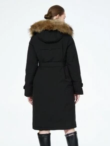 Black Hooded Fluffy Splicing Coat With Pockets And Long Sleeves For Winter - Black - View 5