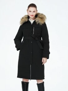 Black Hooded Fluffy Splicing Coat With Pockets And Long Sleeves For Winter - Black - View 1