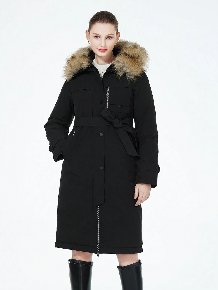 Black Hooded Fluffy Splicing Coat With Pockets And Long Sleeves For Winter - Black - View 1