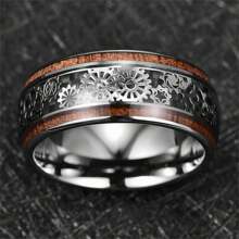1pc Fashion 10mm Silver Color Steampunk Gear Wheel Stainless Steel Rings Inlay Koa Wood Rings For Men High Polished Hiphop Punk Rock Biker Party Jewelry Gift - Silver - View 4